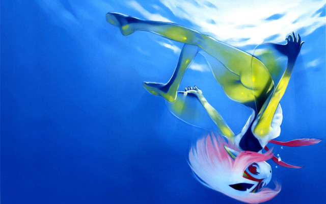 Woman diving ocean fish hand free wallpaper for desktop - medium preview image