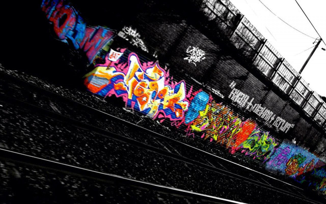 Train graffiti building fence power free wallpaper for desktop - medium preview image