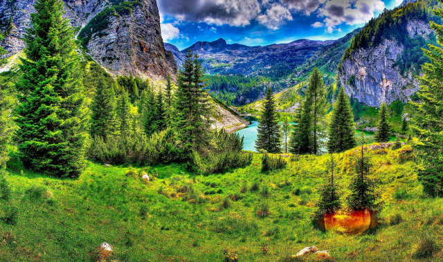Scenic mountain lake trees cloudy free wallpaper for desktop - medium preview image