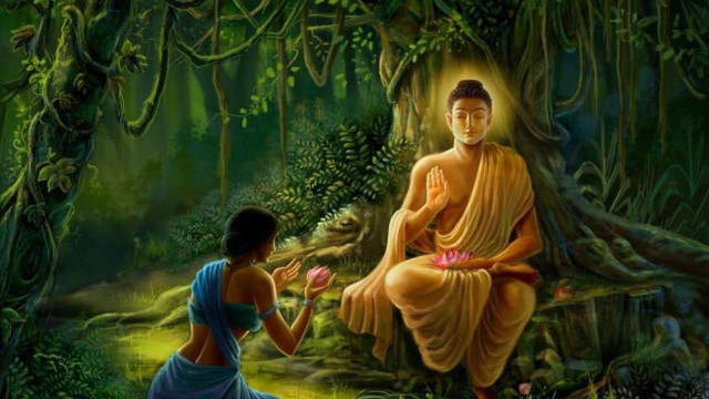 Buddha forest woman kneeling peaceful free wallpaper for desktop - medium preview image