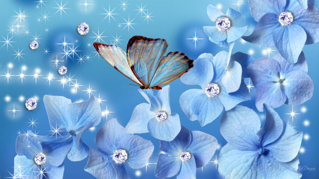 Blue butterfly blue flowers diamonds free wallpaper for desktop - medium preview image