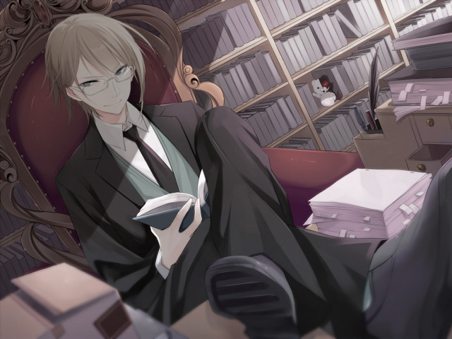 Man suit chair book cat free wallpaper for desktop - medium preview image