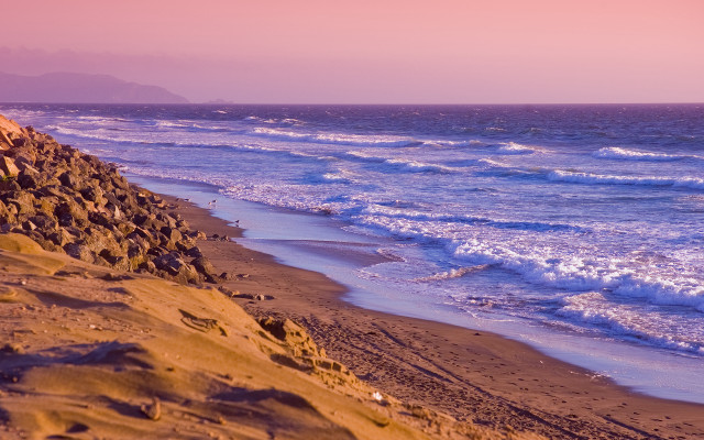 Beach waves pink sky rocky free wallpaper for desktop - medium preview image