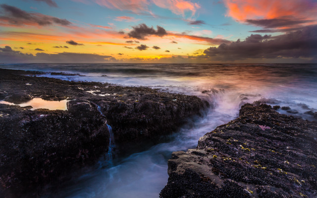 Sunset rocky beach waterfall cloudy free wallpaper for desktop - medium preview image