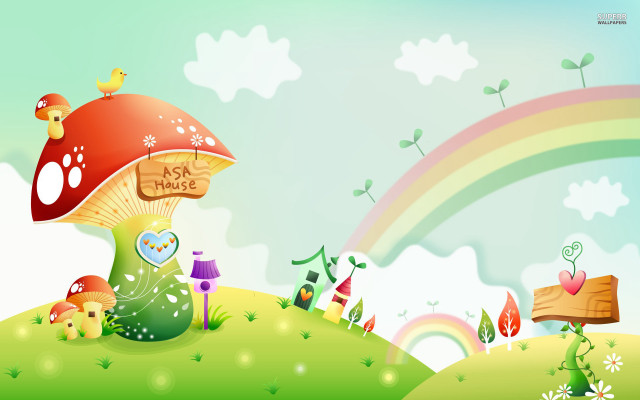 Mushroom house rainbow background sky #2 free wallpaper for desktop - medium preview image
