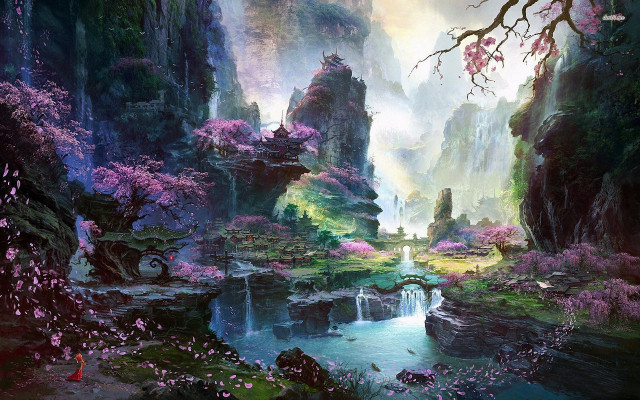 Waterfall forest trees flowers painting free wallpaper for desktop - medium preview image