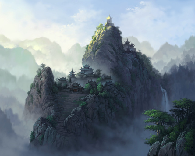 Mountain castle clouds fog painting free wallpaper for desktop - medium preview image