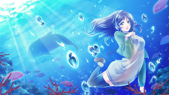 Woman floating dolphin bubbles water free wallpaper for desktop - medium preview image