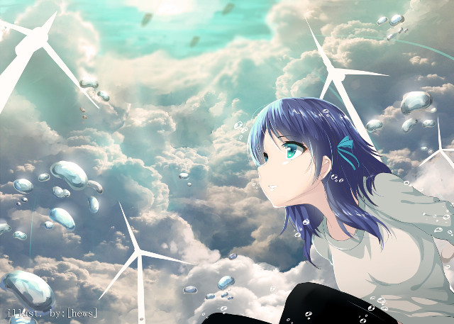 Girl blue hair cloud wind free wallpaper for desktop - medium preview image