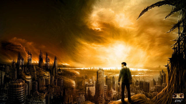 Man cliff city fireball sky free wallpaper for desktop - medium preview image