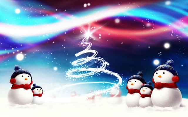 Snowmen christmas tree blue red free wallpaper for desktop - medium preview image