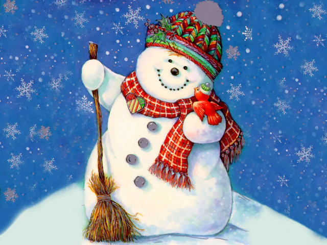 Snowman hat scarf broom snow free wallpaper for desktop - medium preview image