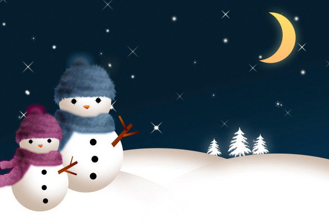 Snowmen night crescent moon snow free wallpaper for desktop - medium preview image