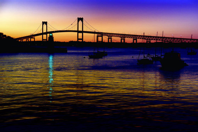 Bridge water boats sunset blue free wallpaper for desktop - medium preview image