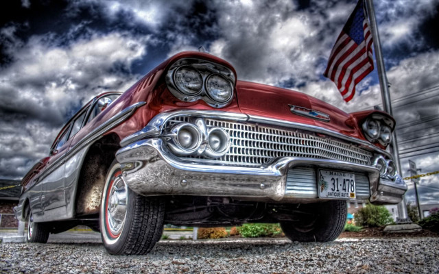 Red car flag hood cloudy #2 free wallpaper for desktop - medium preview image