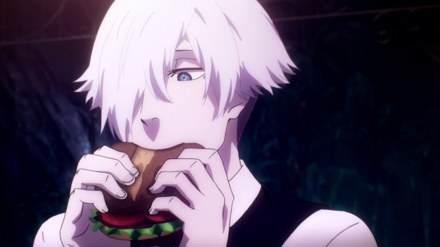 Cartoon person eating hamburger black free wallpaper for desktop - medium preview image