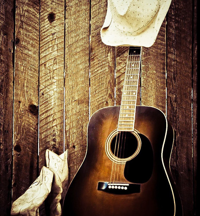 Cowboy hat guitar wooden wall free wallpaper for tablet - medium preview image