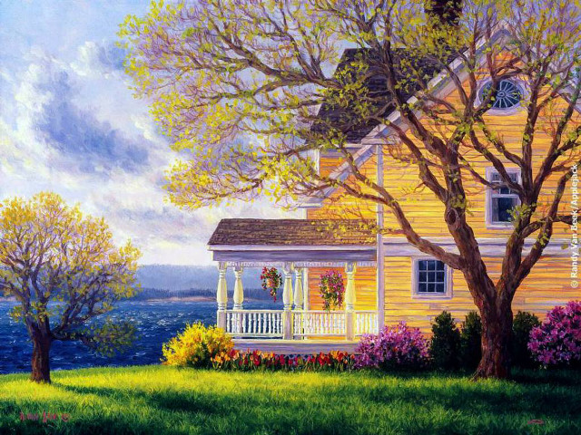 House tree flowers water painting free wallpaper for desktop - medium preview image