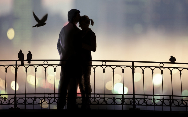 Couple kissing bridge birds flying free wallpaper for desktop - medium preview image