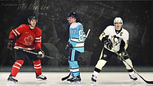 Three hockey players playing on free wallpaper for desktop - medium preview image
