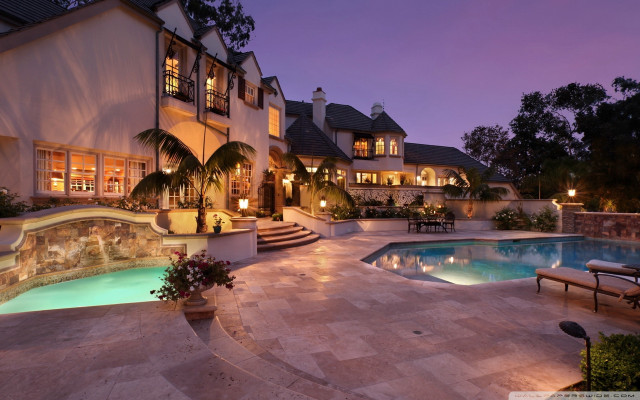 Large house pool patio night free wallpaper for desktop - medium preview image