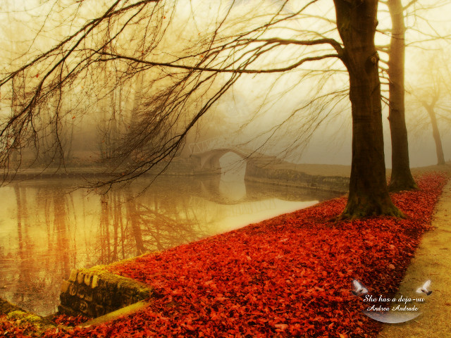 Foggy bridge river red leaves free wallpaper for desktop - medium preview image