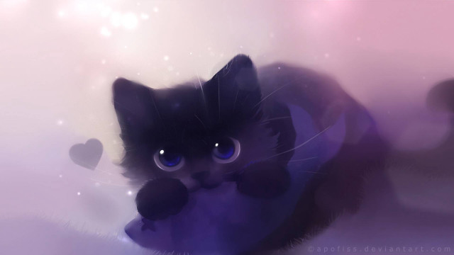 Black cat blue eyes heart free wallpaper for desktop - medium preview image