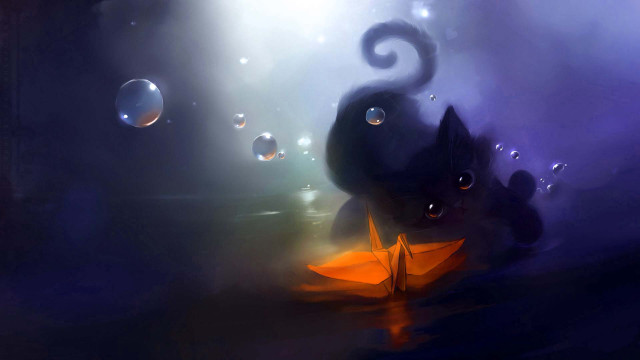 Cat umbrella rain bubbles floating free wallpaper for desktop - medium preview image