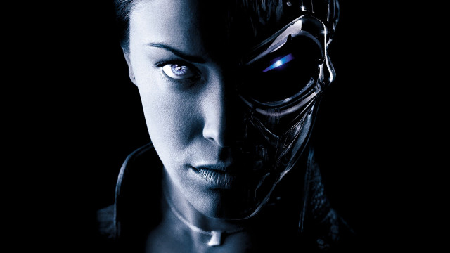 Woman robot mask glowing blue free wallpaper for desktop - medium preview image