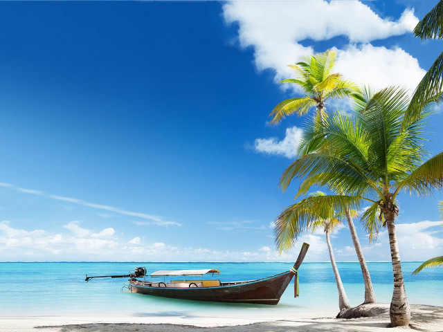 Boat beach palm trees blue #6 free wallpaper for desktop - medium preview image