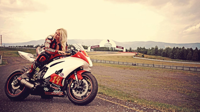 Woman motorcycle road field fence free wallpaper for desktop - medium preview image