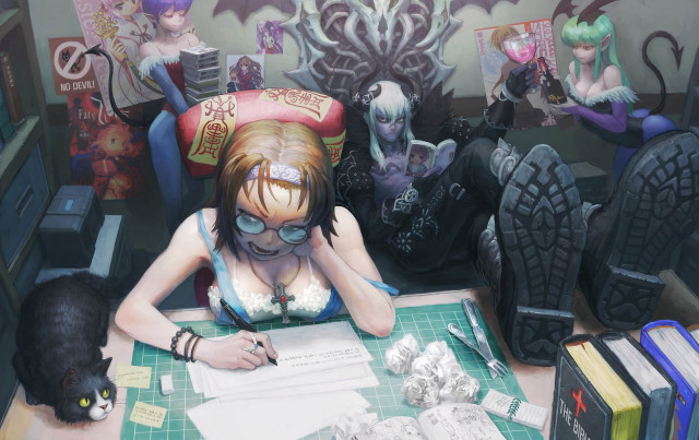 Woman desk cat computer cats free wallpaper for desktop - medium preview image