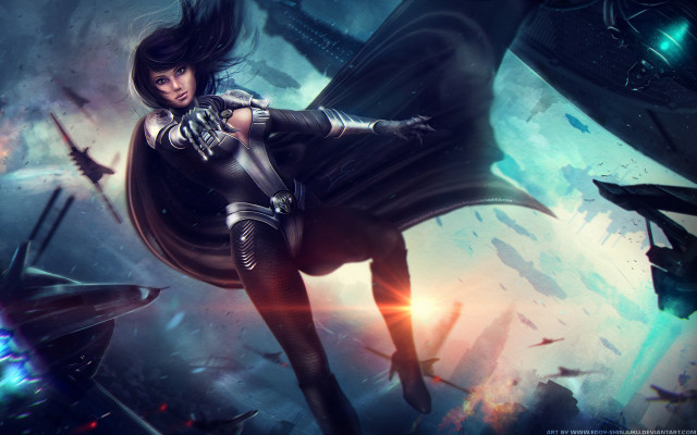 Woman futuristic suit flying sword free wallpaper for desktop - medium preview image
