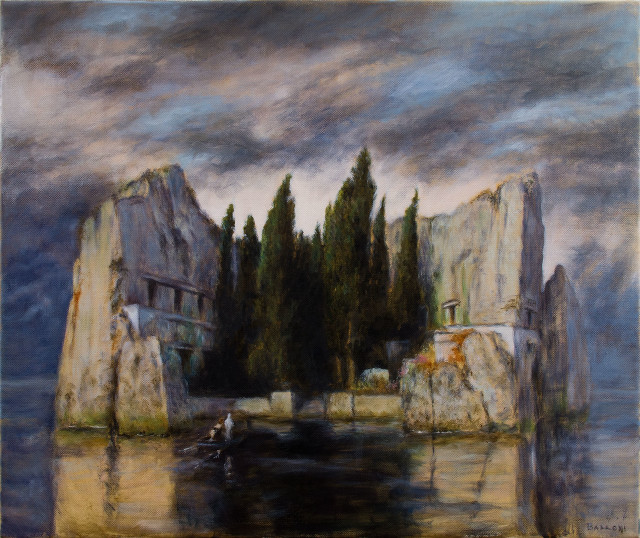 Boat water trees building painting free wallpaper for desktop - medium preview image