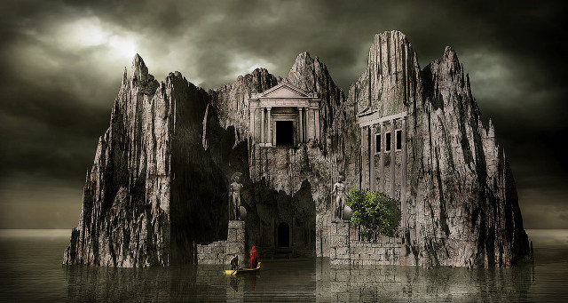 Man giant rock house boat free wallpaper for desktop - medium preview image