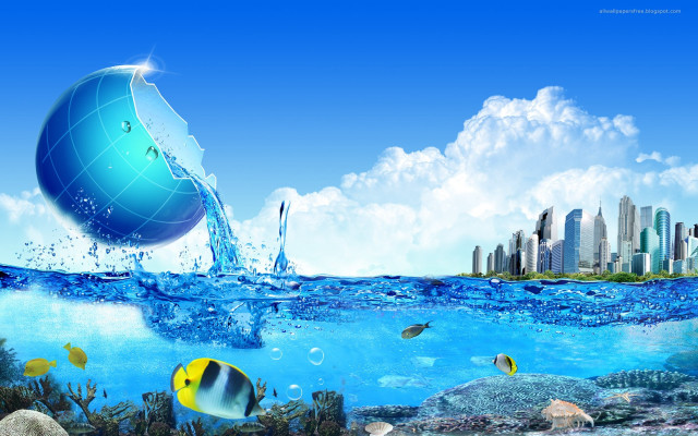 City ocean fish globe painting free wallpaper for desktop - medium preview image
