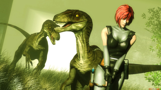 Woman dinosaur green field red free wallpaper for desktop - medium preview image