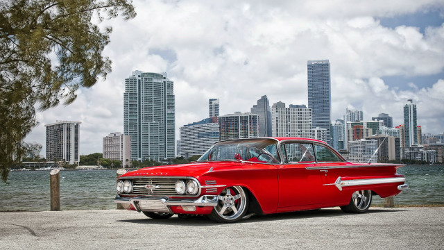 Red classic car city skyline free wallpaper for desktop - medium preview image