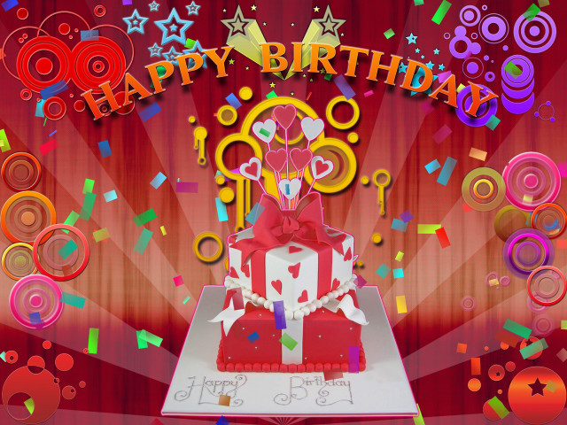 Birthday cake red bow confetti free wallpaper for desktop - medium preview image