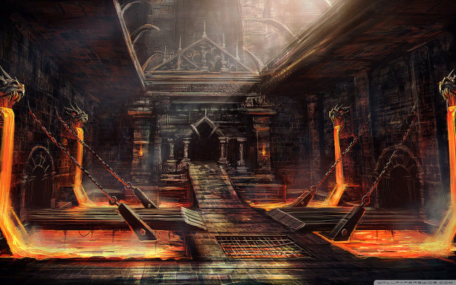 Dark scary hallway fire staircase free wallpaper for desktop - medium preview image