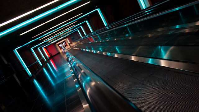 Long escalator red door blue free wallpaper for desktop - medium preview image