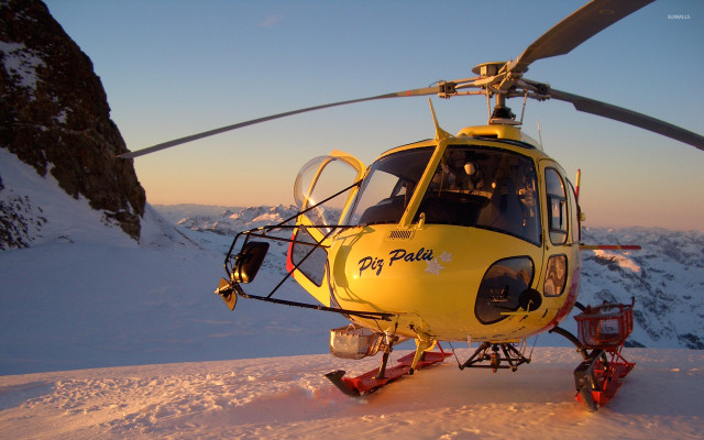 Yellow helicopter snow mountain sunset free wallpaper for desktop - medium preview image