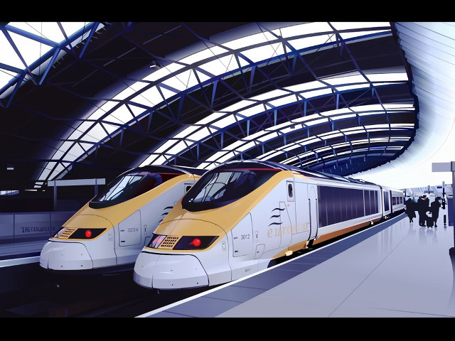 Two trains parked station people free wallpaper for desktop - medium preview image