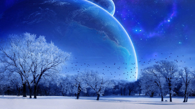 Blue planet stars birds snow #8 free wallpaper for desktop - medium preview image