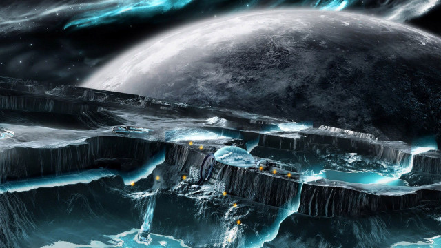 Futuristic space station ocean moon free wallpaper for desktop - medium preview image