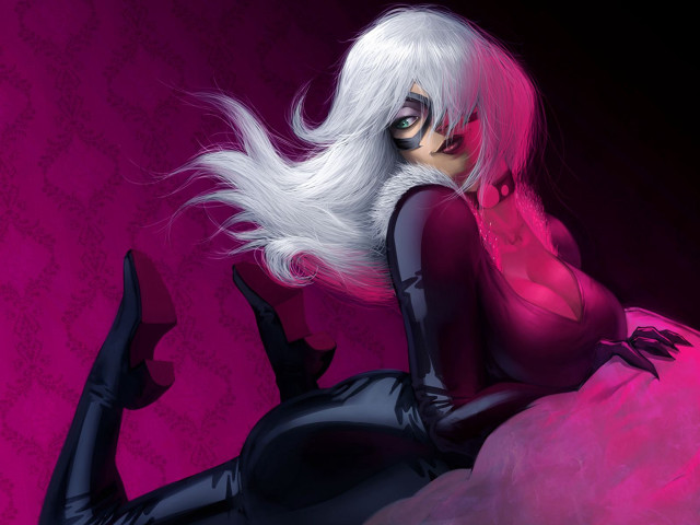 White hair woman black catsuit free wallpaper for desktop - medium preview image