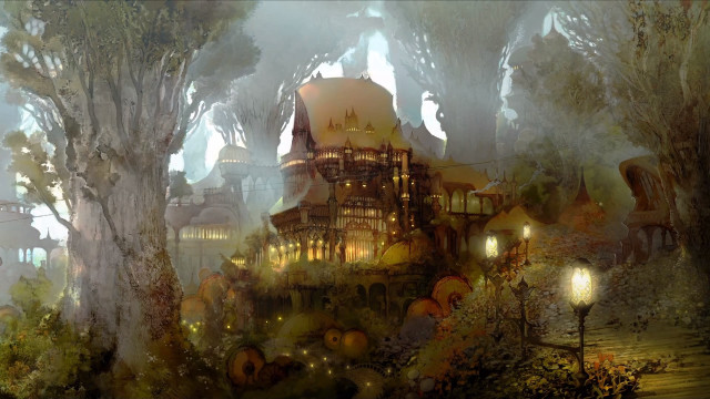 City trees lights fog painting free wallpaper for desktop - medium preview image