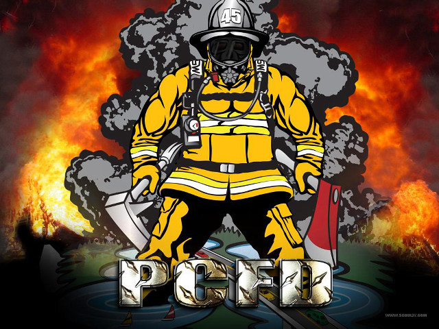 Firefighter standing front fire background free wallpaper for desktop - medium preview image