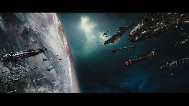 Floating ships near planet clouds free wallpaper for desktop - medium preview image