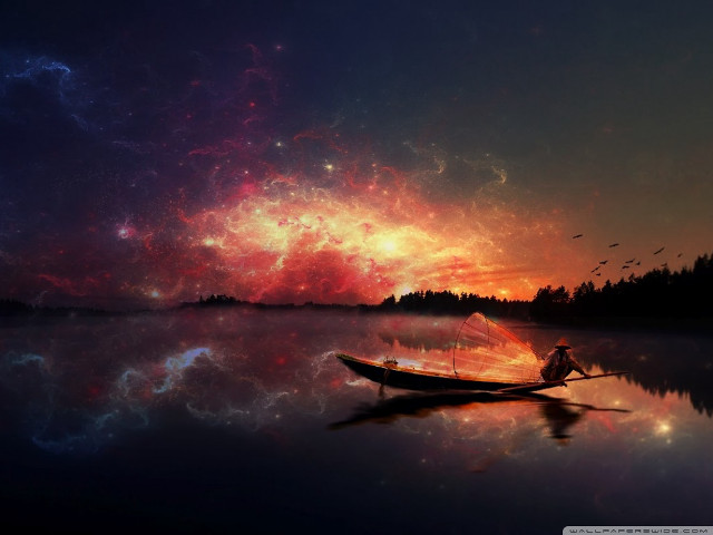 Man boat lake sunset stars free wallpaper for desktop - medium preview image